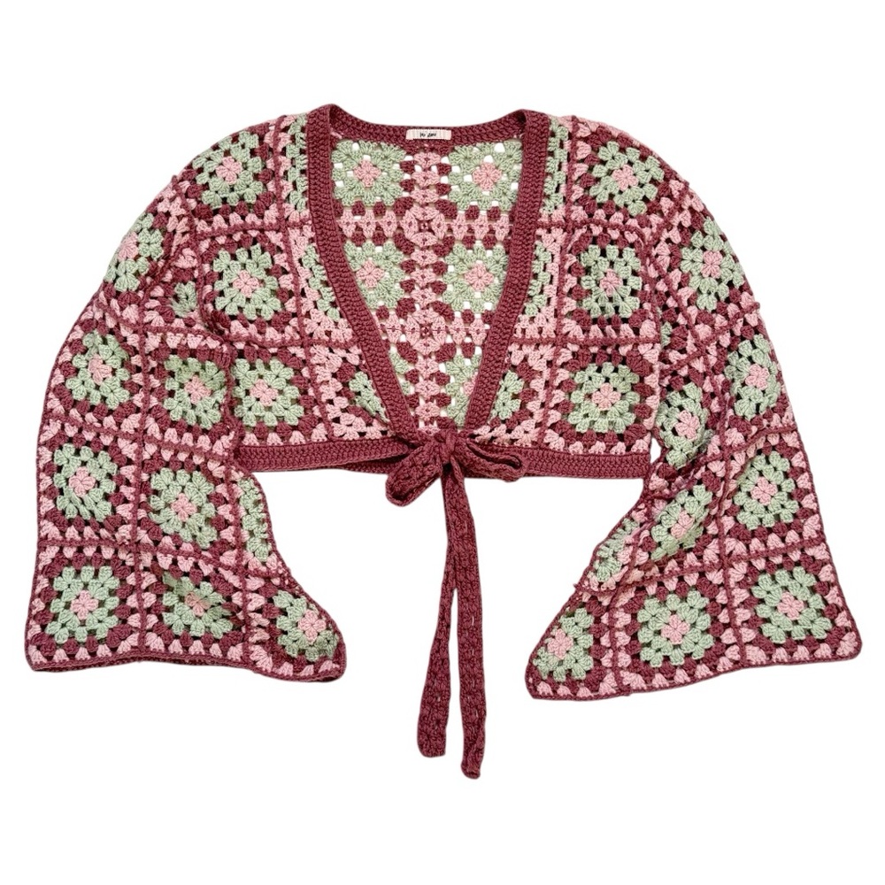 Granny Squares Crochet Tie-Front Crop Sweater small